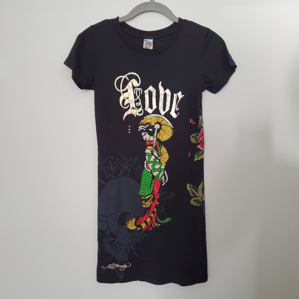 Ed Hardy by Christian Audigier Y2K Geisha Girl Rhinestone Tunic Tee Shirt S